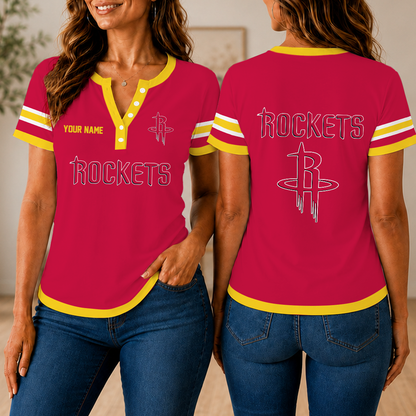 LIMITED EDITION - NEW CUSTOMIZED NBA07 HRO HOUSTON ROCKETS  WOMEN'S SHORT SLEEVE HENLEY T-SHIRT