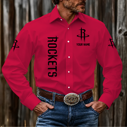 FINAL SALE - NEW CUSTOMIZED NBA07 HRO HOUSTON ROCKETS MEN'S LONG SLEEVE BUTTON-UP SHIRT
