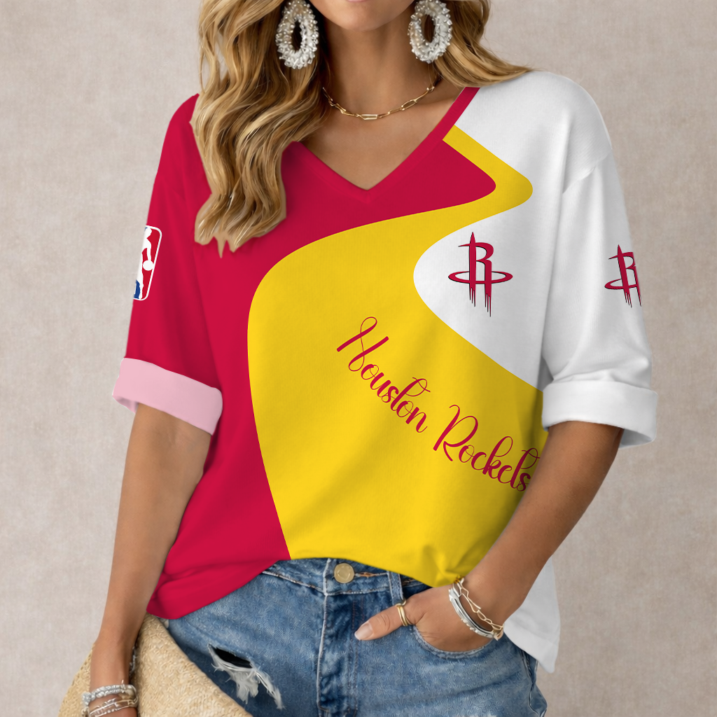 LIMITED EDITION - NEW CUSTOMIZED NBA07 HRO HOUSTON ROCKETS WOMEN'S V-NECK LONG SLEEVE SHIRT
