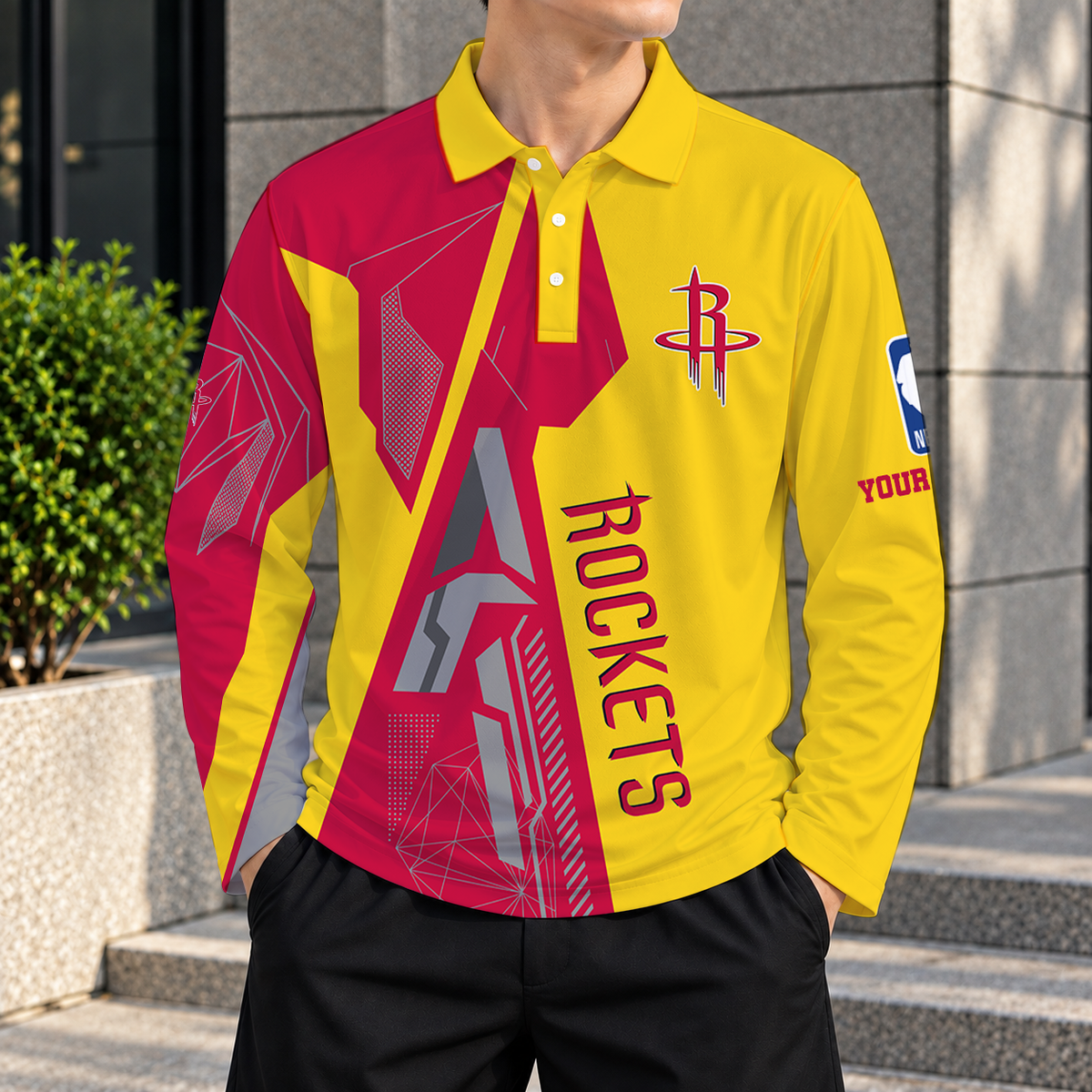 LIMITED EDITION - NEW CUSTOMIZED NBA07 HRO HOUSTON ROCKETS MEN'S LONG SLEEVE POLO