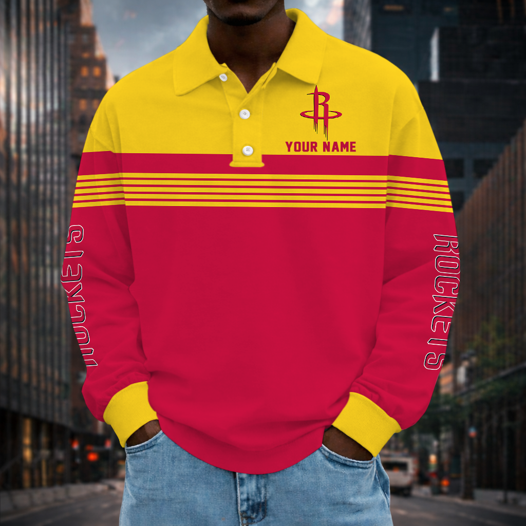 VIRAL EDITION - NEW CUSTOMIZED NBA07 HRO HOUSTON ROCKETS MEN LONG SLEEVE POLO