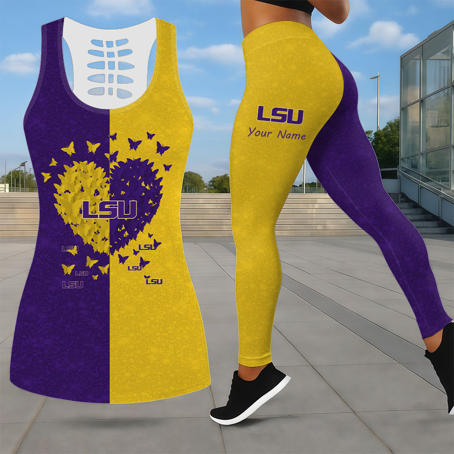 LIMITED EDITION - NEW CUSTOMIZED NCAA CWS07 LST LSU TIGERS LEGGINGS & HOLLOW TANK TOP SET