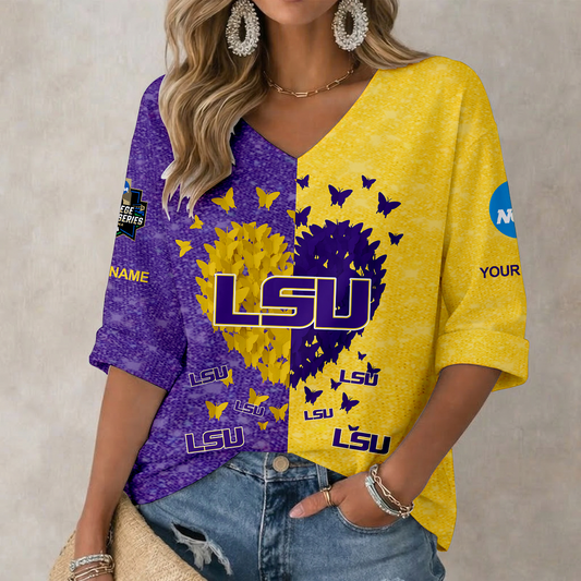 LIMITED DROP - NEW CUSTOMIZED | NCAA CWS07 LST LSU TIGERS WOMEN'S HEART V-NECK LONG SLEEVE SHIRT