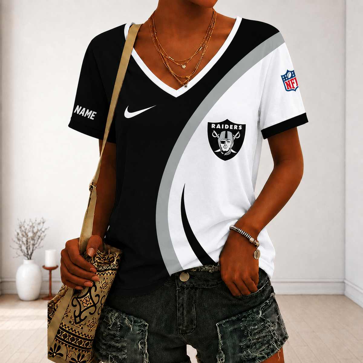 SPECIAL EDITION - NEW CUSTOMIZED NFL07 LVR LAS VEGAS RAIDERS V-NECK FEMALE SHIRT