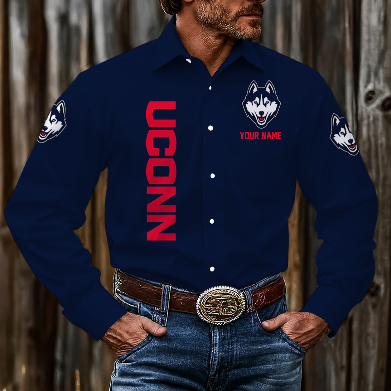 EXCLUSIVE EDITION - NEW CUSTOMIZED NCAA CFH07 UCH UCONN HUSKIES MEN'S LONG SLEEVE BUTTON-UP SHIRT