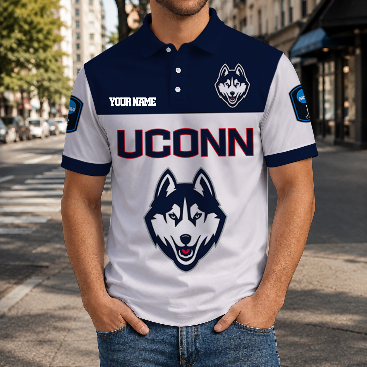 VIRAL EDITION - NEW CUSTOMIZED NCAA CFH07 UCH UCONN HUSKIES POLO SHIRT, ZIP POLO SHIRT & T-SHIRTS
