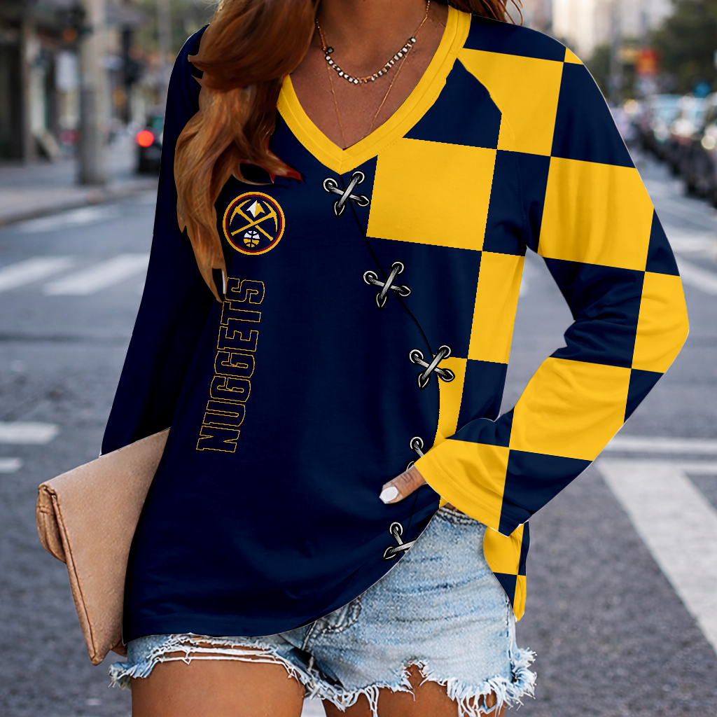 FINAL SALE - NEW CUSTOMIZED NBA08 DNU DENVER NUGGETS WOMEN'S V-NECK LONG SLEEVED SHIRT