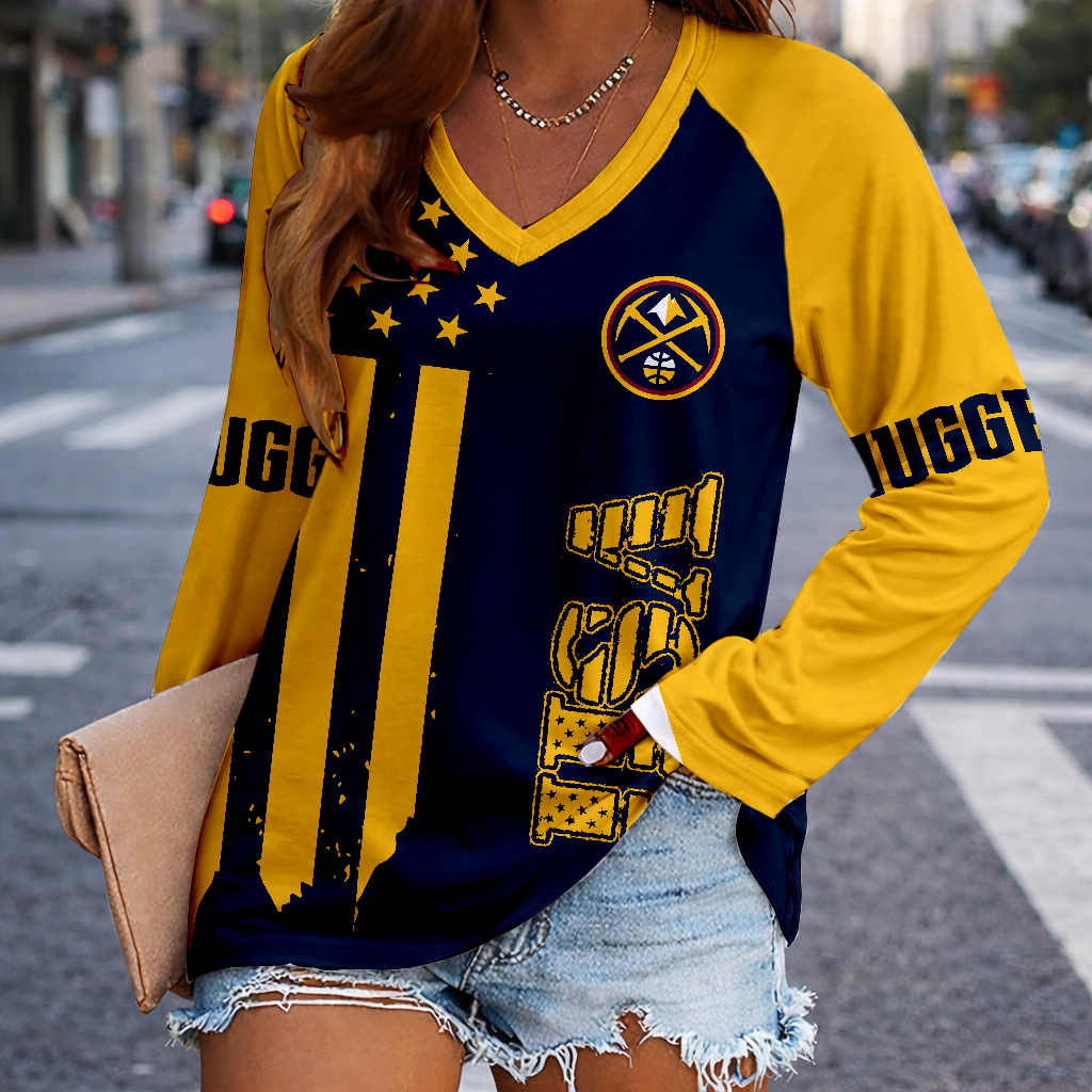 FINAL SALE - NEW CUSTOMIZED NBA08 DNU DENVER NUGGETS WOMEN'S V-NECK LONG SLEEVED SHIRT