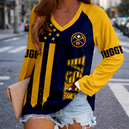 FINAL SALE - NEW CUSTOMIZED NBA08 DNU DENVER NUGGETS WOMEN'S V-NECK LONG SLEEVED SHIRT