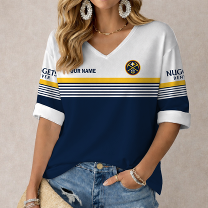 FINAL SALE - NEW CUSTOMIZED NBA08 DNU DENVER NUGGETS WOMEN'S HEART V-NECK LONG SLEEVE SHIRT