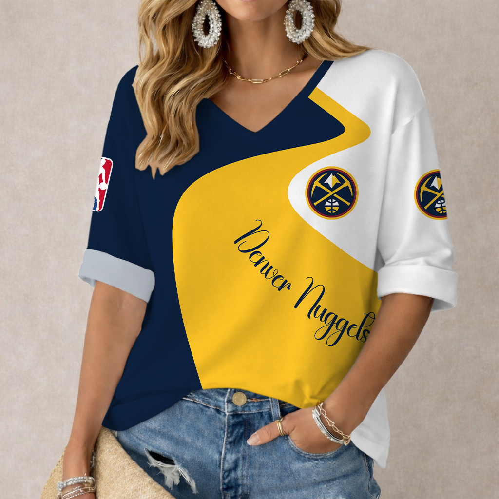 LIMITED EDITION - NEW CUSTOMIZED NBA08 DNU DENVER NUGGETS WOMEN'S V-NECK LONG SLEEVE SHIRT