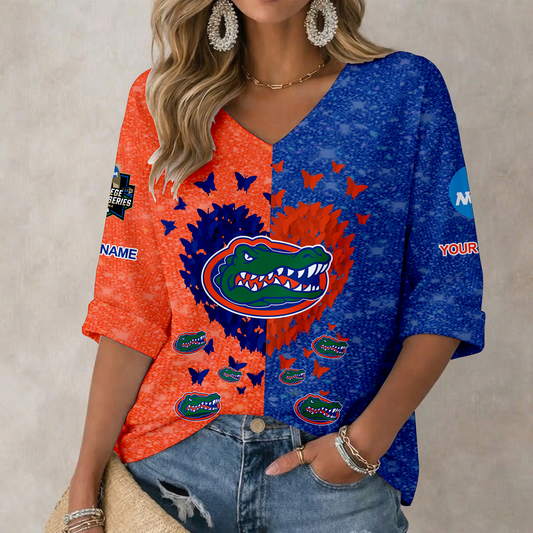 LIMITED DROP - NEW CUSTOMIZED | NCAA CWS08 FLG FLORIDA GATORS WOMEN'S HEART V-NECK LONG SLEEVE SHIRT