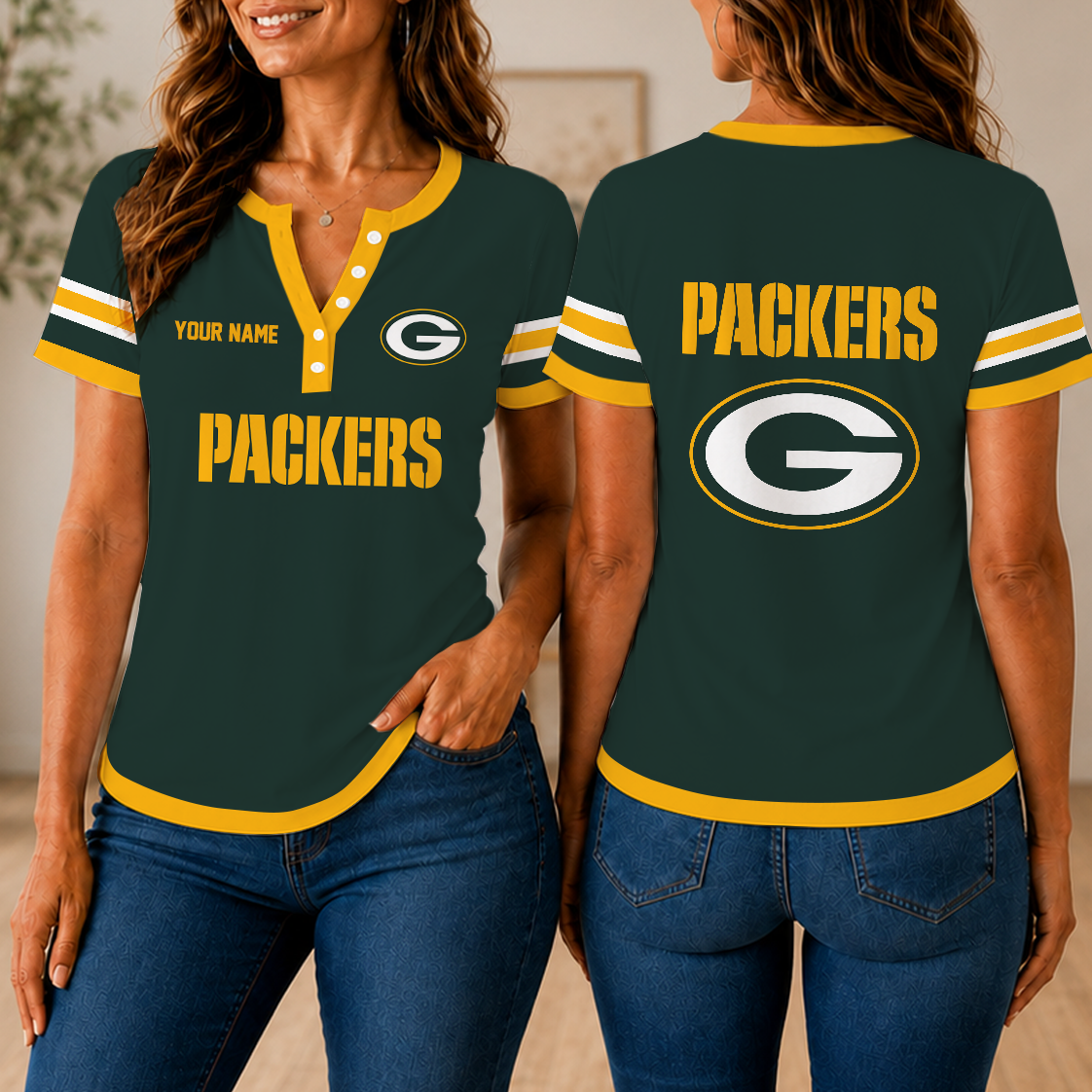 LIMITED EDITION - NEW CUSTOMIZED NFL08 GBP GREEN BAY PACKERS WOMEN'S SHORT SLEEVE HENLEY T-SHIRT