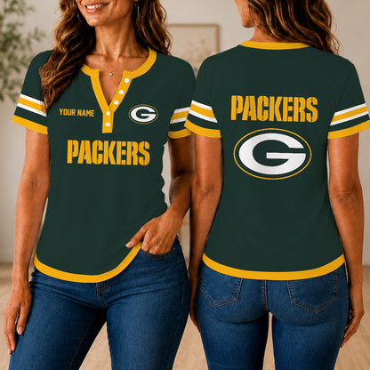 LIMITED EDITION - NEW CUSTOMIZED NFL08 GBP GREEN BAY PACKERS WOMEN'S SHORT SLEEVE HENLEY T-SHIRT