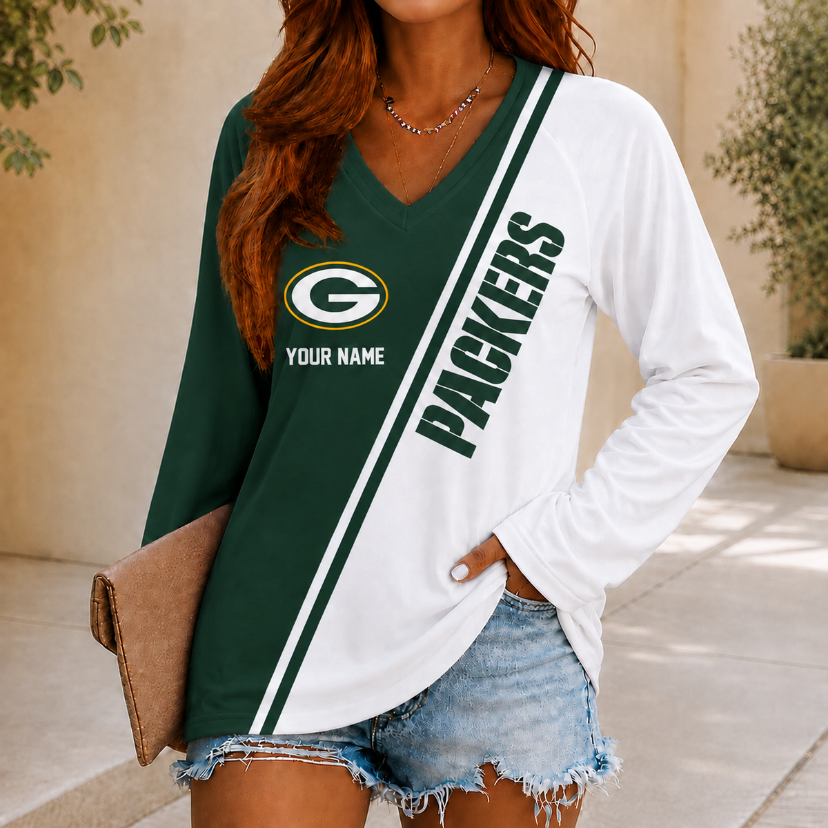 SPECIAL EDITION - NEW CUSTOMIZED NFL08 GBP GREEN BAY PACKERS WOMEN'S V-NECK LONG SLEEVED SHIRT