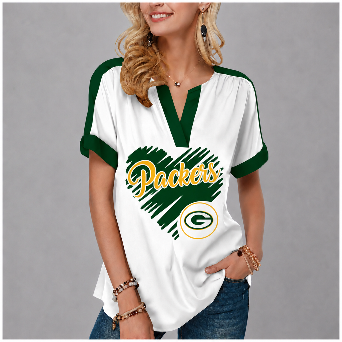 LIMITED EDITION - NEW CUSTOMIZED NFL08 GBP GREEN BAY PACKERS V-NECK FEMALE SHIRT