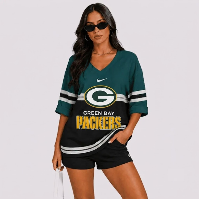 EXCLUSIVE EDITION - NEW CUSTOMIZED | NFL08 GBP GREEN BAY PACKERS WOMEN'S HEART V-NECK LONG SLEEVE SHIRT