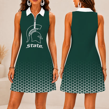 ELITE EDITION - NEW CUSTOMIZED | NCAA MFF08 MSS MICHIGAN STATE SPARTANS WOMEN'S ZIP SLEEVELESS POLO DRESS