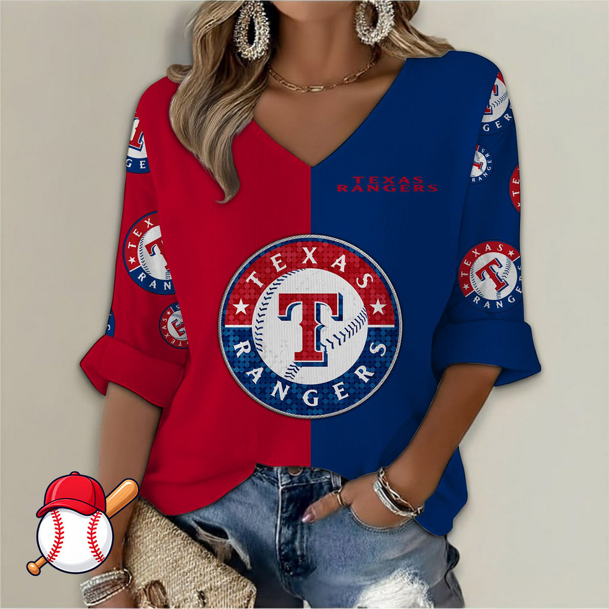 LIMITED EDITION - NEW CUSTOMIZED MLB08 TRS TEXAS RANGERS WOMEN'S  V-NECK LONG SLEEVE SHIRT
