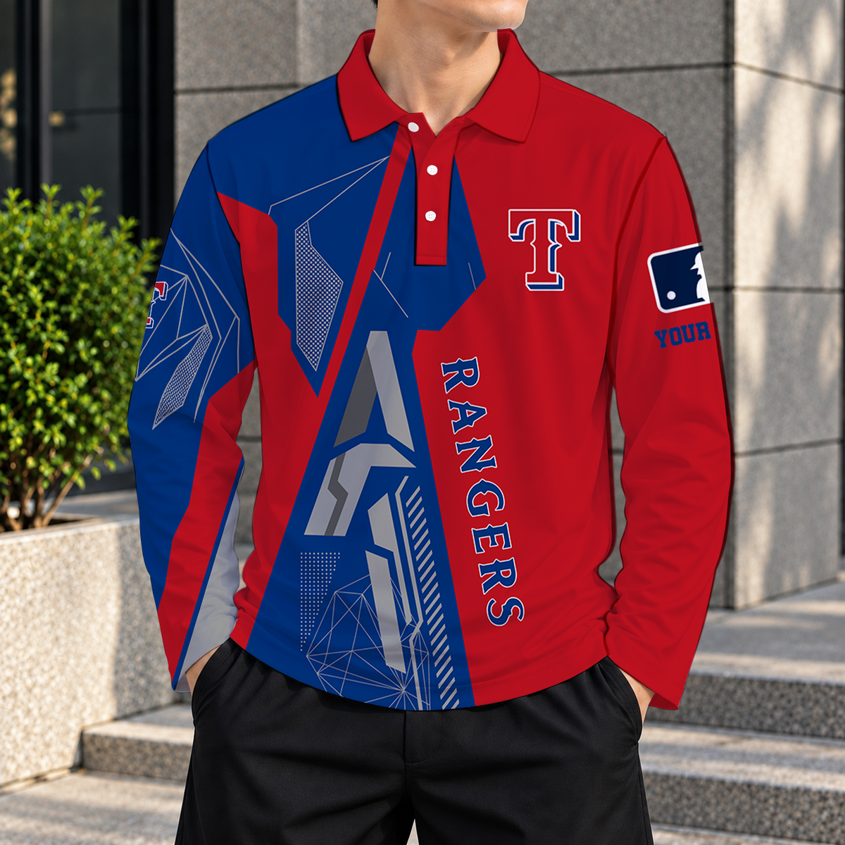 SPECIAL EDITION - NEW CUSTOMIZED MLB08 TRS TEXAS RANGERS MEN'S LONG SLEEVE POLO
