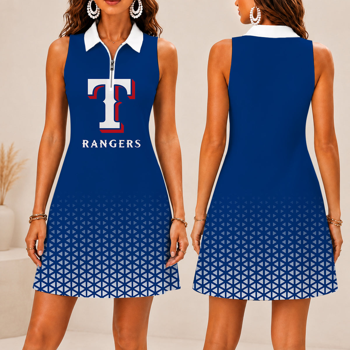 LIMITED EDITION - NEW CUSTOMIZED MLB08 TRS TEXAS RANGERS WOMEN'S ZIP SLEEVELESS POLO DRESS