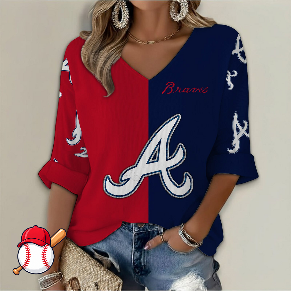 LIMITED EDITION - NEW CUSTOMIZED MLB09 ABS ATLANTA BRAVES WOMEN'S  V-NECK LONG SLEEVE SHIRT