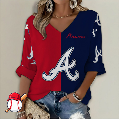 LIMITED EDITION - NEW CUSTOMIZED MLB09 ABS ATLANTA BRAVES WOMEN'S  V-NECK LONG SLEEVE SHIRT