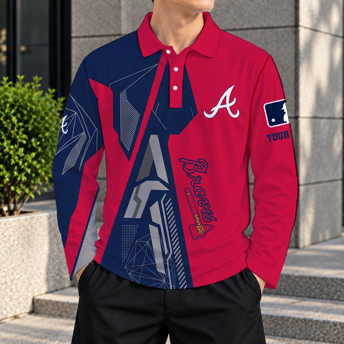 SPECIAL EDITION - NEW CUSTOMIZED MLB09 ABS ATLANTA BRAVES MEN'S LONG SLEEVE POLO