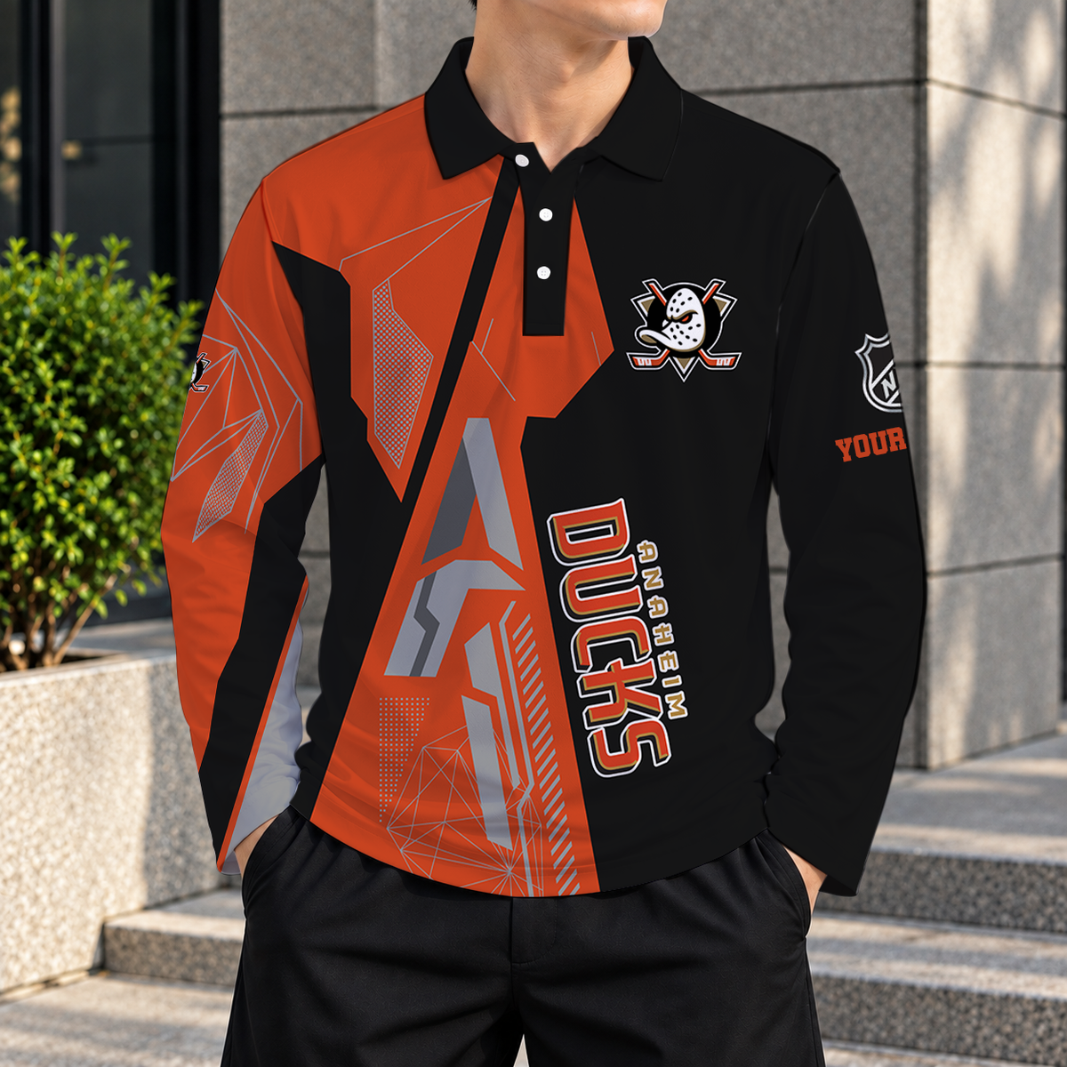 LIMITED DROP - NEW CUSTOMIZED NHL09 AHD ANAHEIM DUCKS MEN LONG SLEEVE POLO