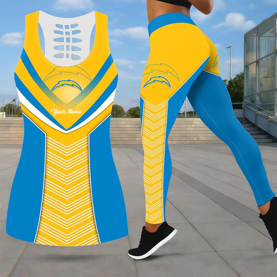 LIMITED EDITION - NEW CUSTOMIZED NFL09 LAC LOS ANGELES CHARGERS LEGGINGS & HOLLOW TANK TOP SET