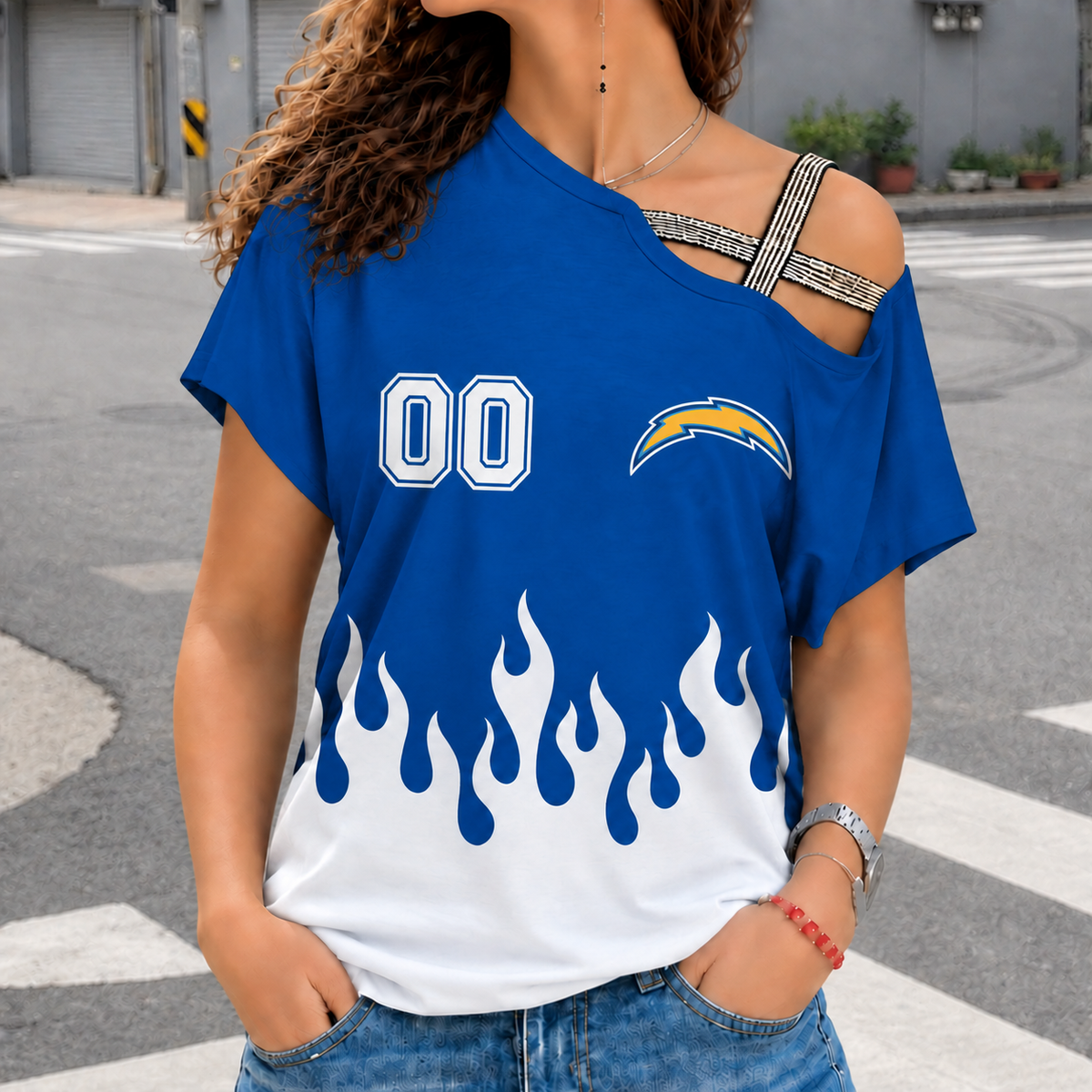 LIMITED EDITION - NEW CUSTOMIZED NFL09 LAC LOS ANGELES CHARGERS WOMEN'S SHOULDER SHIRT