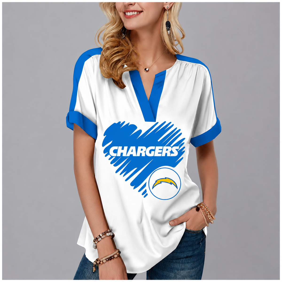 LIMITED EDITION - NEW CUSTOMIZED NFL09 LAC LOS ANGELES CHARGERS V-NECK FEMALE SHIRT