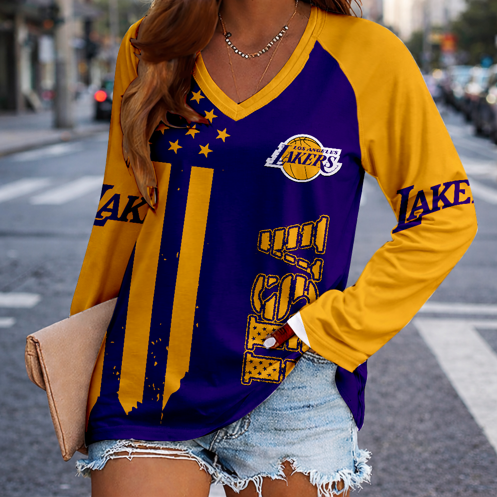 FINAL SALE - NEW CUSTOMIZED NBA09 LLA LOS ANGELES LAKERS WOMEN'S V-NECK LONG SLEEVED SHIRT
