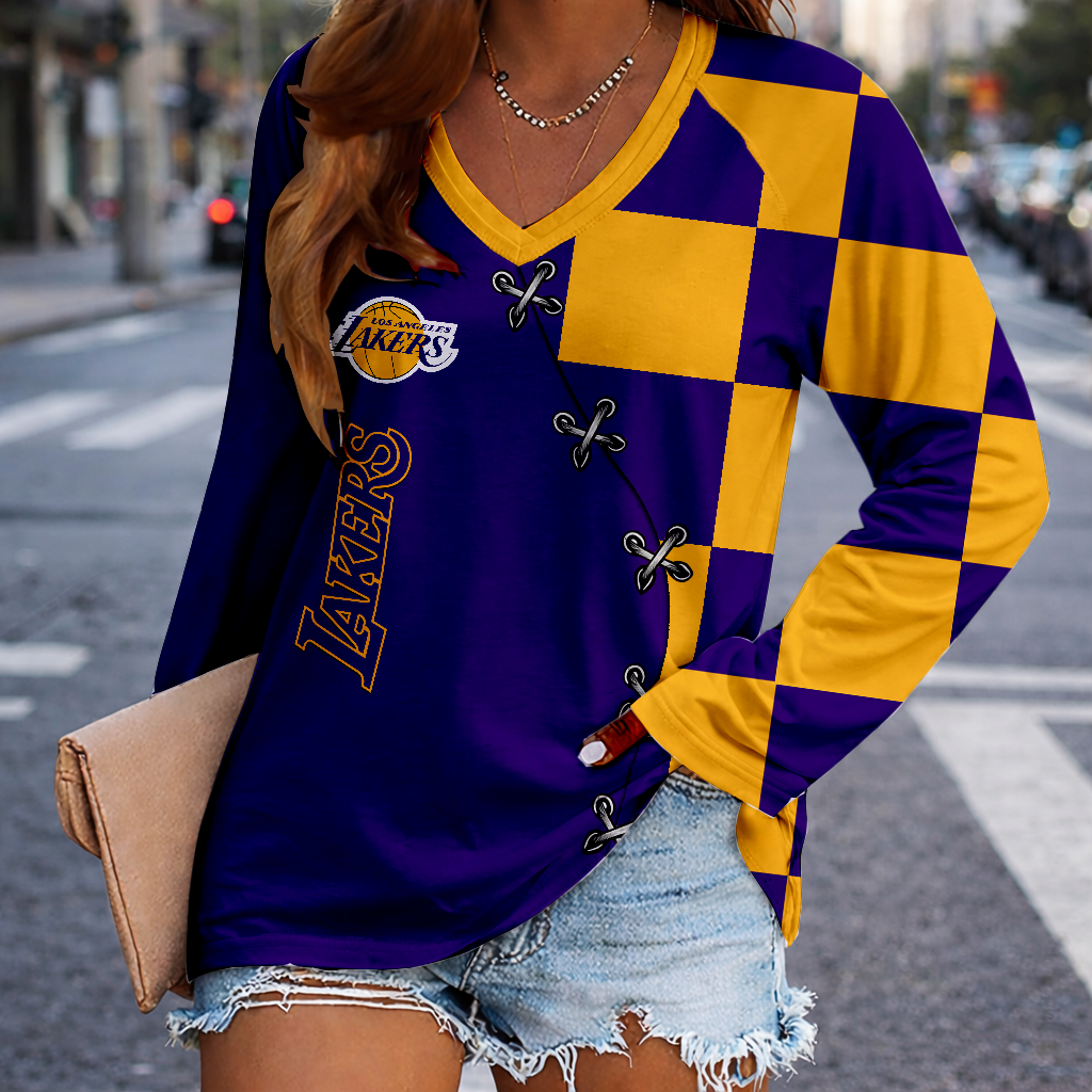 FINAL SALE - NEW CUSTOMIZED NBA09 LLA LOS ANGELES LAKERS WOMEN'S V-NECK LONG SLEEVED SHIRT
