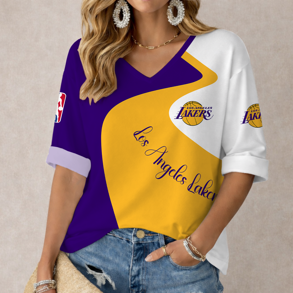 LIMITED EDITION - NEW CUSTOMIZED NBA09 LLA LOS ANGELES LAKERS WOMEN'S V-NECK LONG SLEEVE SHIRT