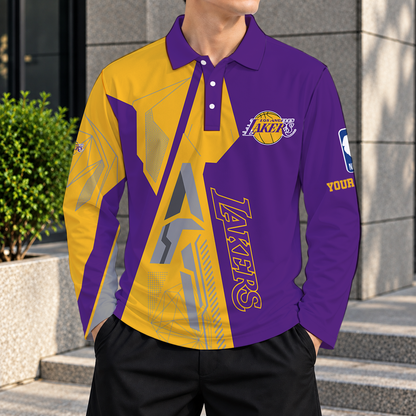 LIMITED EDITION - NEW CUSTOMIZED NBA09 LLA LOS ANGELES LAKERS MEN'S LONG SLEEVE POLO