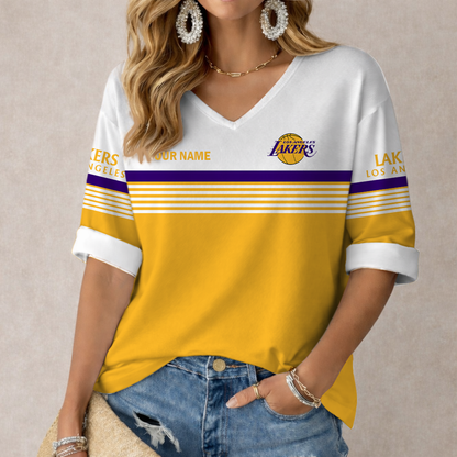 FINAL SALE - NEW CUSTOMIZED NBA09 LLA LOS ANGELES LAKERS WOMEN'S HEART V-NECK LONG SLEEVE SHIRT