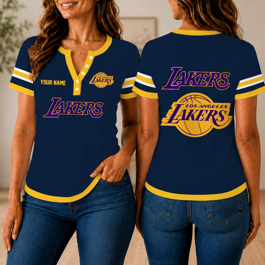 LIMITED EDITION - NEW CUSTOMIZED NBA09 LLA LOS ANGELES LAKERS  WOMEN'S SHORT SLEEVE HENLEY T-SHIRT