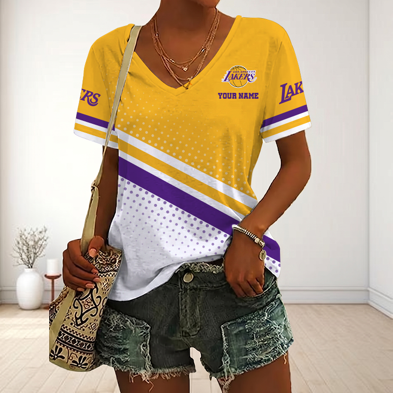 VIRAL EDITION - NEW CUSTOMIZED NBA09 LLA LOS ANGELES LAKERS V-NECK FEMALE SHIRT