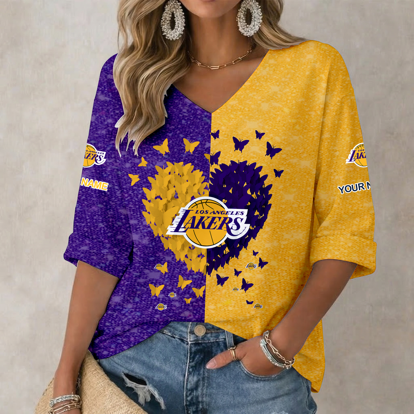 FINAL SALE - NEW CUSTOMIZED NBA09 LLA LOS ANGELES LAKERS WOMEN'S HEART V-NECK LONG SLEEVE SHIRT
