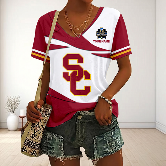 VIRAL EDITON - NEW CUSTOMIZED CWS NCAA09 USC USC TROJANS V-NECK FEMALE SHIRT