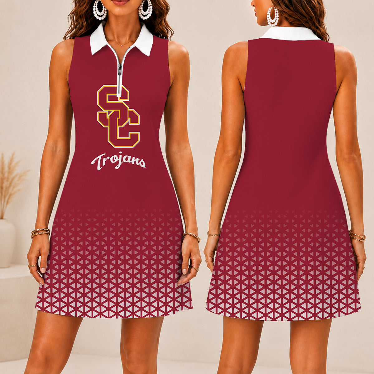 ELITE EDITION - NEW CUSTOMIZED | NCAA CWS09 USC USC TROJANS WOMEN'S ZIP SLEEVELESS POLO DRESS