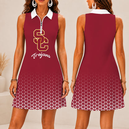 ELITE EDITION - NEW CUSTOMIZED | NCAA CWS09 USC USC TROJANS WOMEN'S ZIP SLEEVELESS POLO DRESS