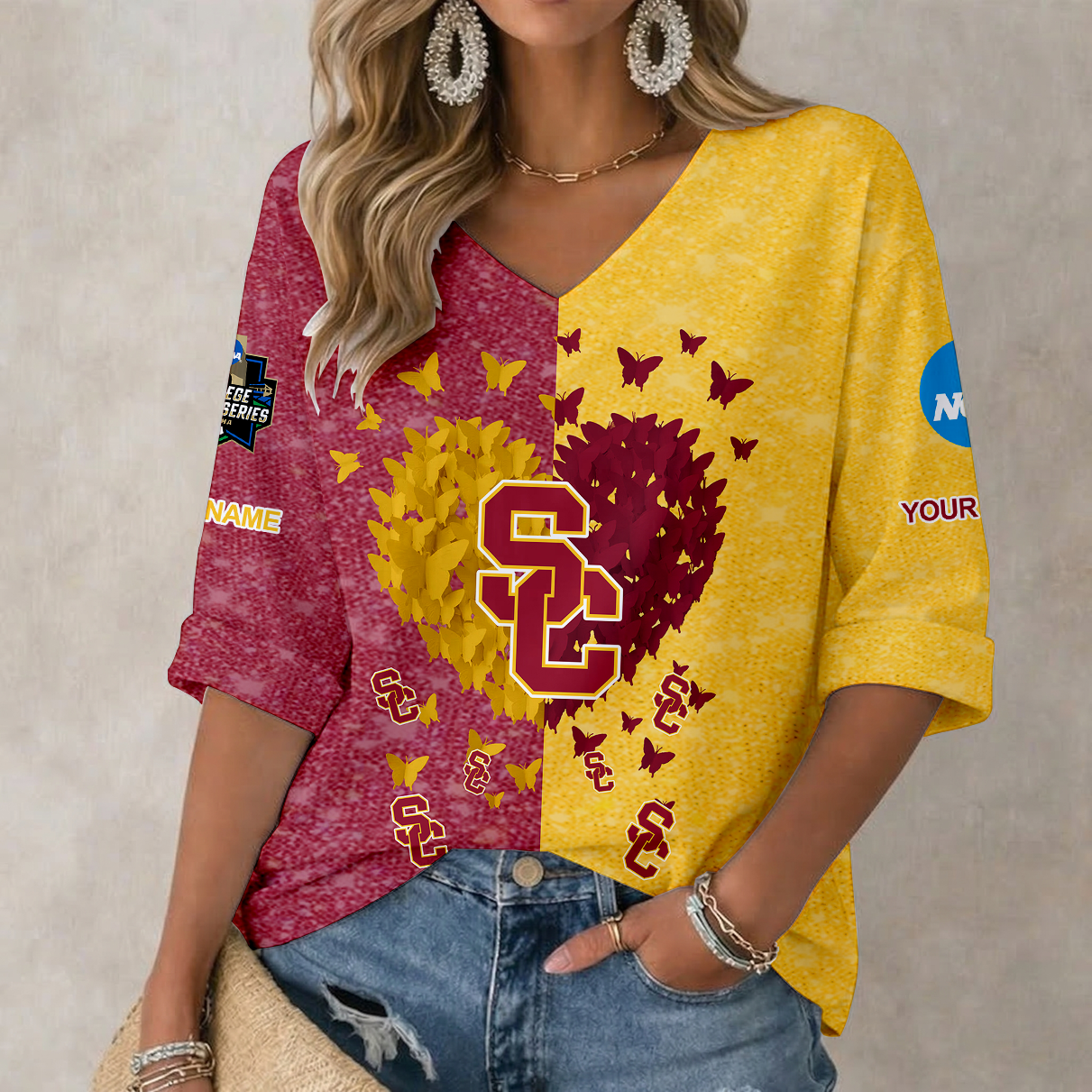 LIMITED DROP - NEW CUSTOMIZED | NCAA CWS09 USC USC TROJANS WOMEN'S HEART V-NECK LONG SLEEVE SHIRT