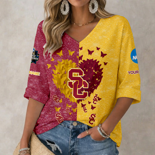 LIMITED DROP - NEW CUSTOMIZED | NCAA CWS09 USC USC TROJANS WOMEN'S HEART V-NECK LONG SLEEVE SHIRT