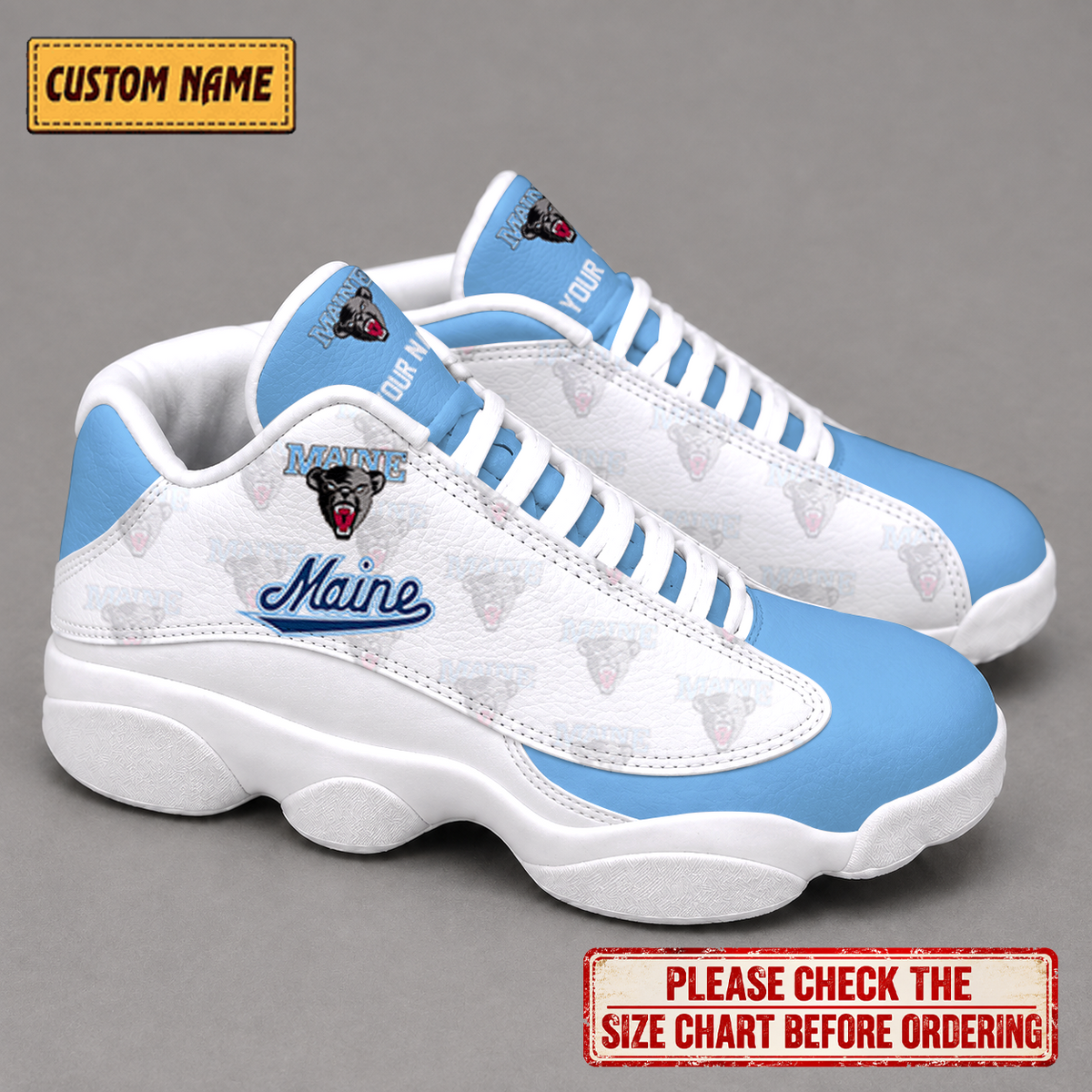 LIMITED EDITION - NEW CUSTOMIZED NCAA MFF09 MBB MAINE BLACK BEARS AIR JORDAN 13 LOW TOP SNEAKER