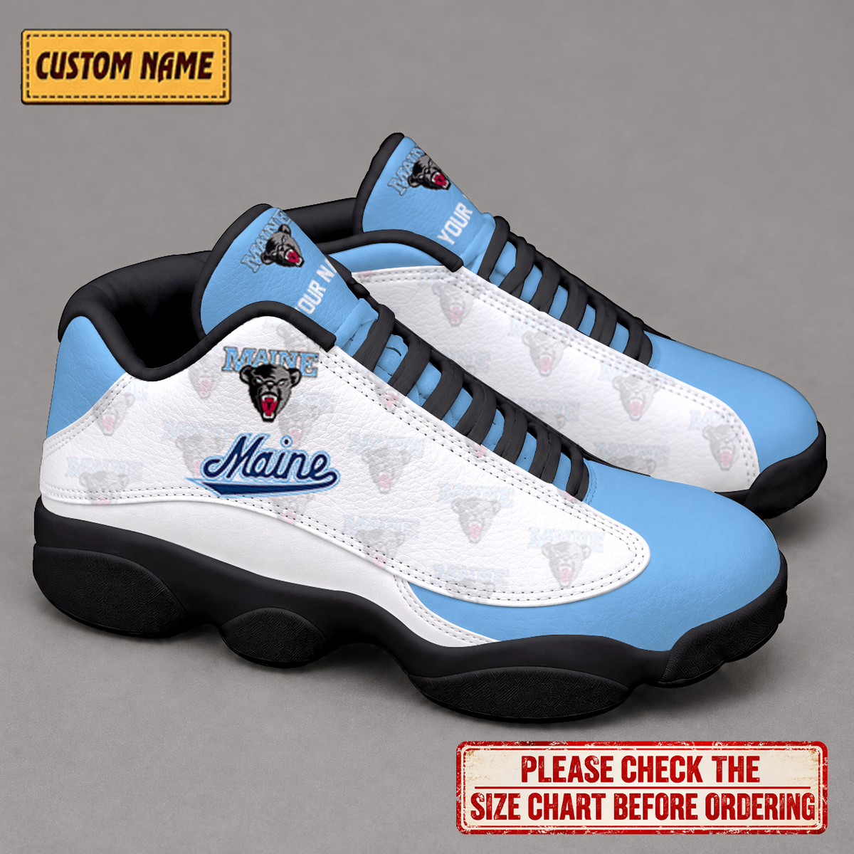 LIMITED EDITION - NEW CUSTOMIZED NCAA MFF09 MBB MAINE BLACK BEARS AIR JORDAN 13 LOW TOP SNEAKER