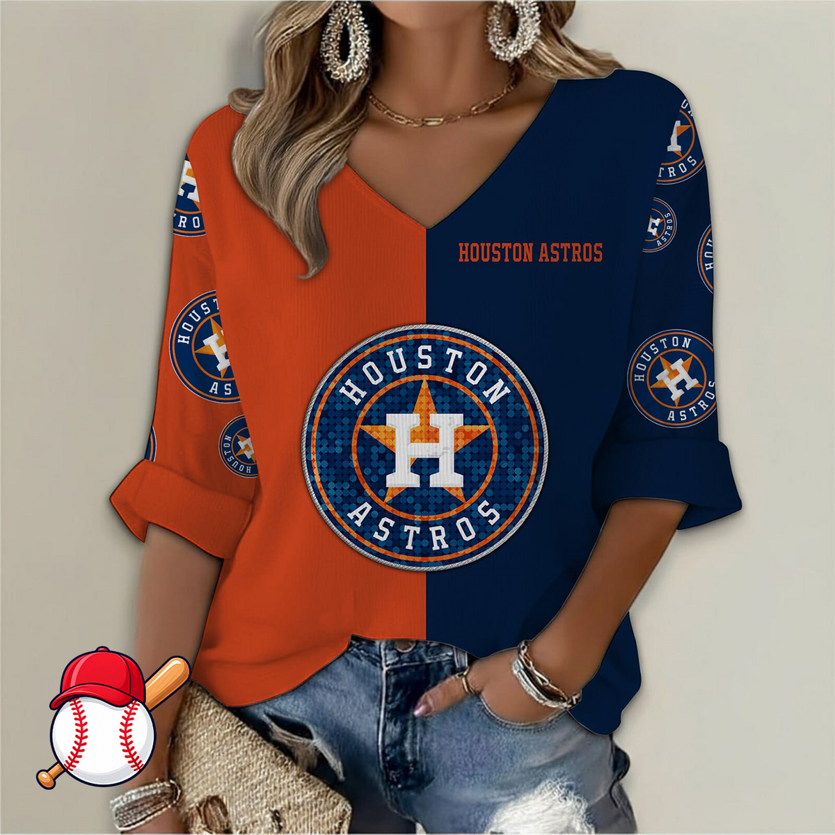 LIMITED EDITION - NEW CUSTOMIZED MLB10 HAS HOUSTON ASTROS WOMEN'S  V-NECK LONG SLEEVE SHIRT