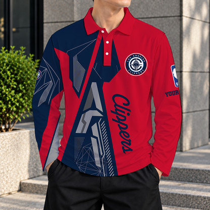 LIMITED EDITION - NEW CUSTOMIZED NBA10 LCL LOS ANGELES CLIPPERS MEN'S LONG SLEEVE POLO