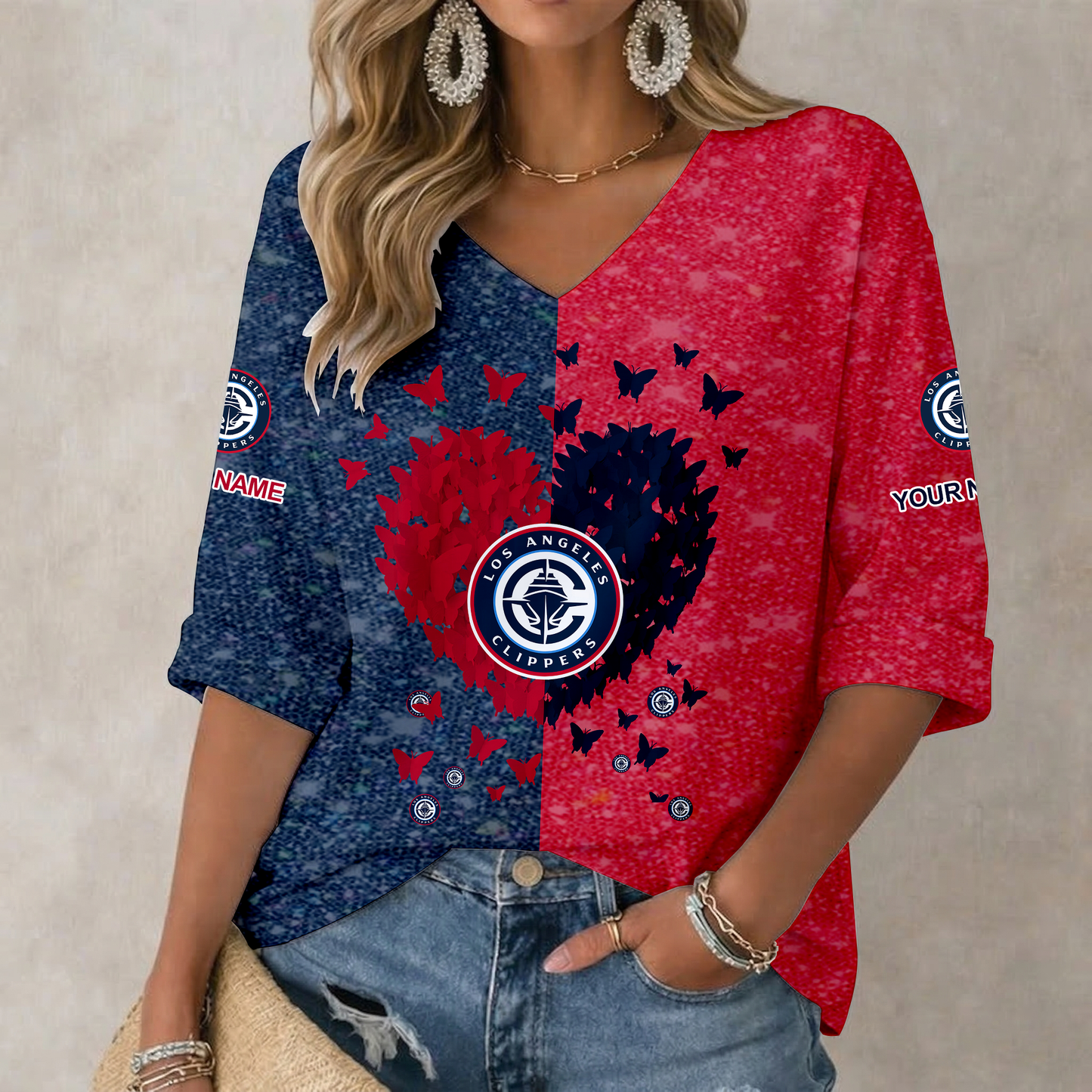 FINAL SALE - NEW CUSTOMIZED NBA10 LCL LOS ANGELES CLIPPERS WOMEN'S HEART V-NECK LONG SLEEVE SHIRT